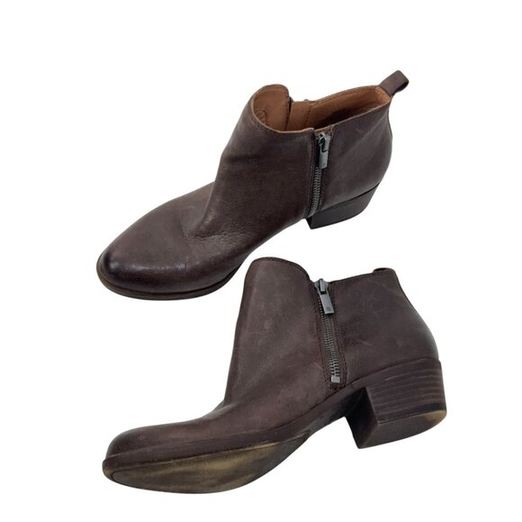 Lucky Brand Women Brown Leather Ankle Booties Size 9M Side Zipper Block Heels - Picture 2 of 16